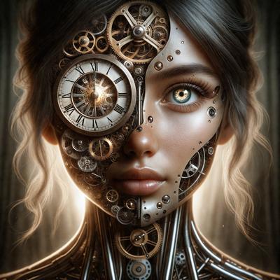 The primary subject of the image is a woman with a mechanical face, featuring a clock for a head and a mechanical neck. The setting is a dark room, and the visual style is a digital art or illustration. The dominant colors are silver and black, creating a futuristic and mysterious atmosphere.